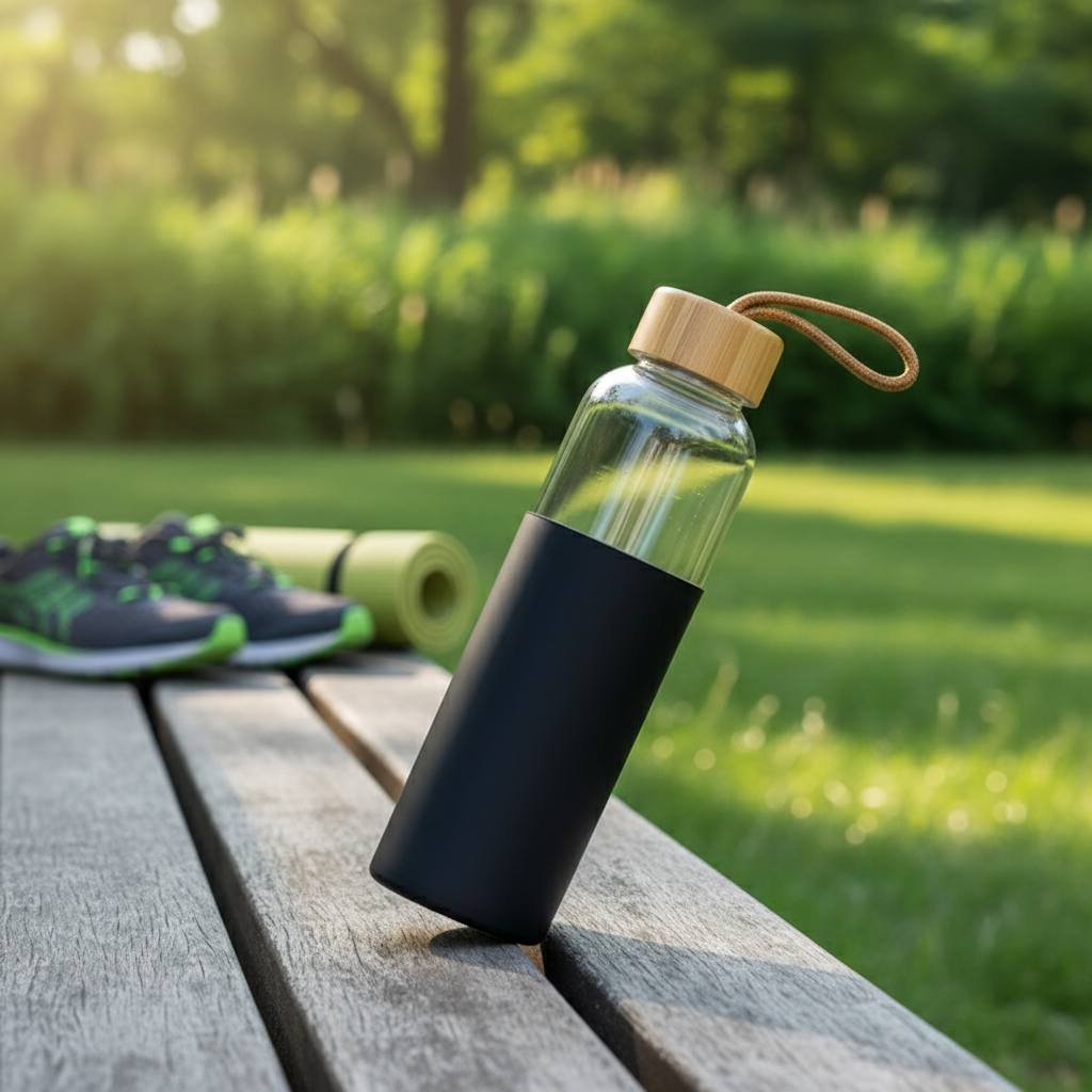 Gourde en Verre Écologique avec Housse Antichoc & Bouchon Bambou