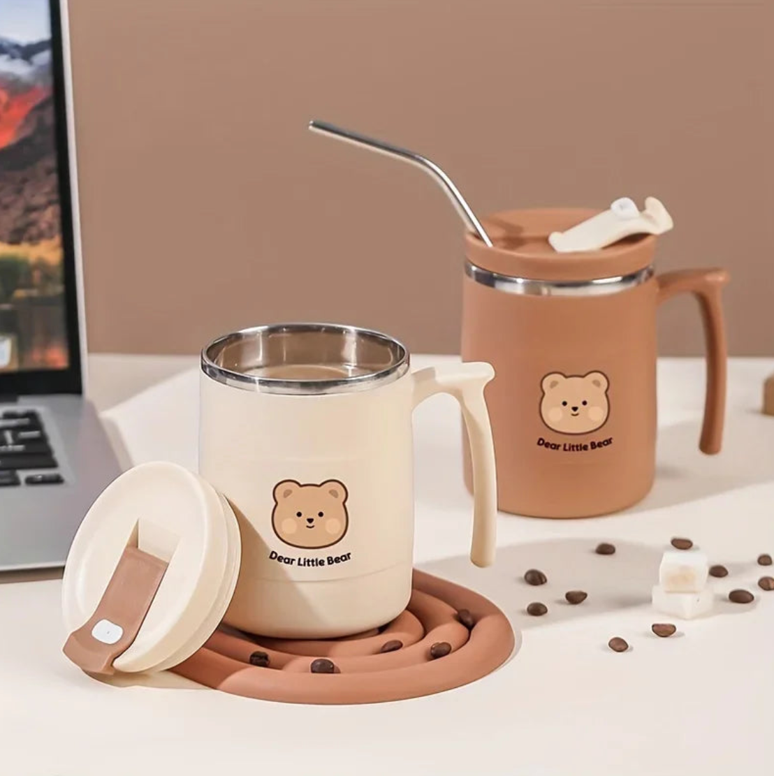 Tasse Enfant Isotherme Ours Mignon avec Paille