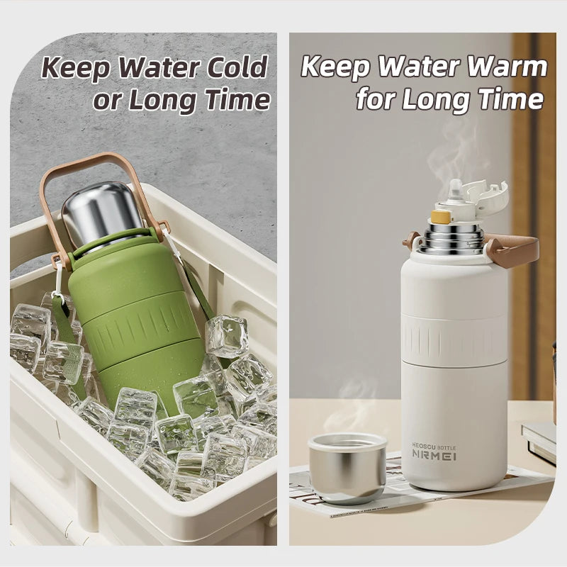Bouteille Isotherme Inox Grande Capacité – Gourde Thermos Sous Vide avec Bandoulière, Portable Outdoor